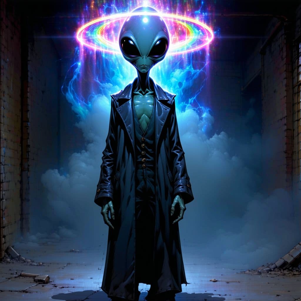 AI generated: Tall slender comicbook alien, proportional large head & eyes are dark, skin leathery blue, wearing l...
