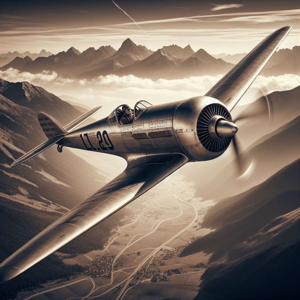 AI generated: 1930s badass air racer in flight, style of Streamline Moderne, historical photography