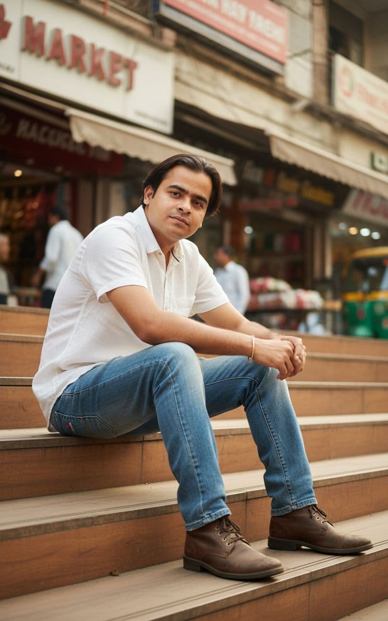 AI generated: Outdoor street-portrait in New Friends Colony CC Market, New Delhi.



A stylish young man (use ...