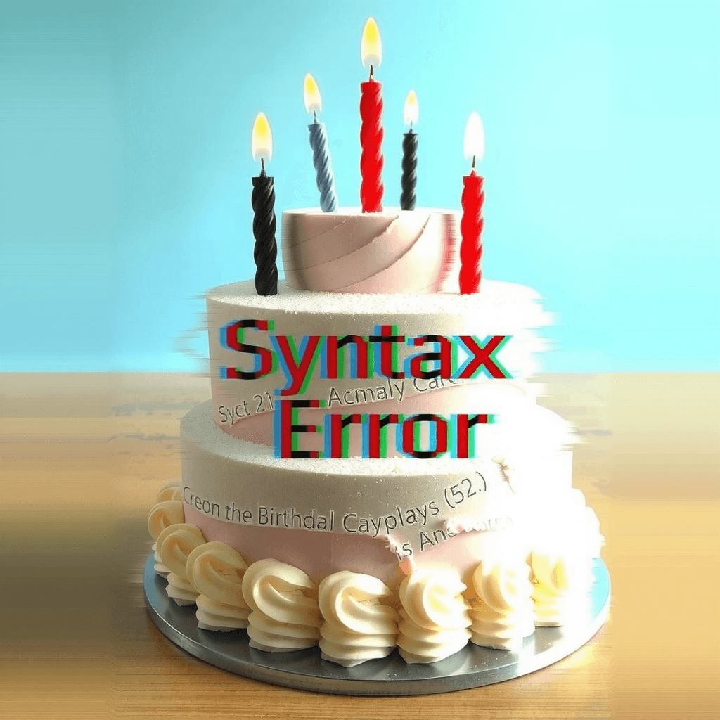 AI generated: A birthday cake made of pixelated glitches and visual distortions, with layers constantly flickering...