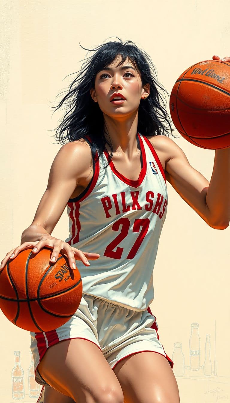 AI generated: a ultradetailed beautiful panting of a woman dribbling a basketball, by conrad roset, greg rutkowski...