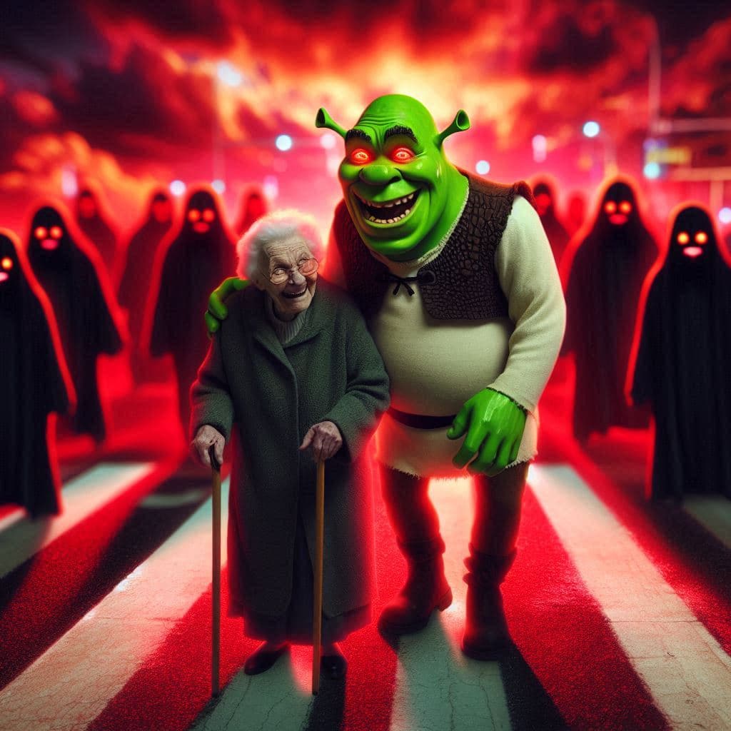 AI generated: Shrek en 3d con cara extraña se acompaña muy amablemente a una anciana a cruzar por el paso de peato...