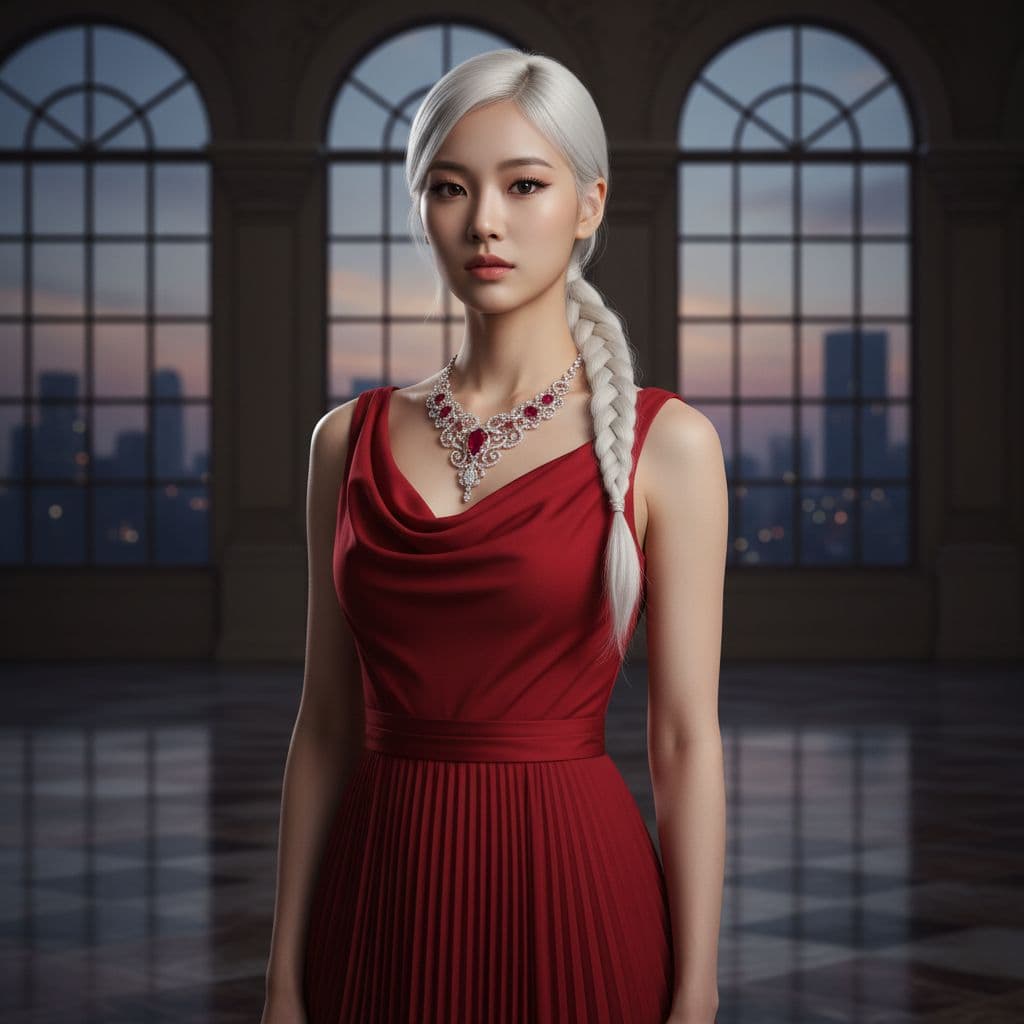 AI generated: model shoot, (full body), Beautiful Korean woman, kpop idol, (short white braided ponytail), (wearin...