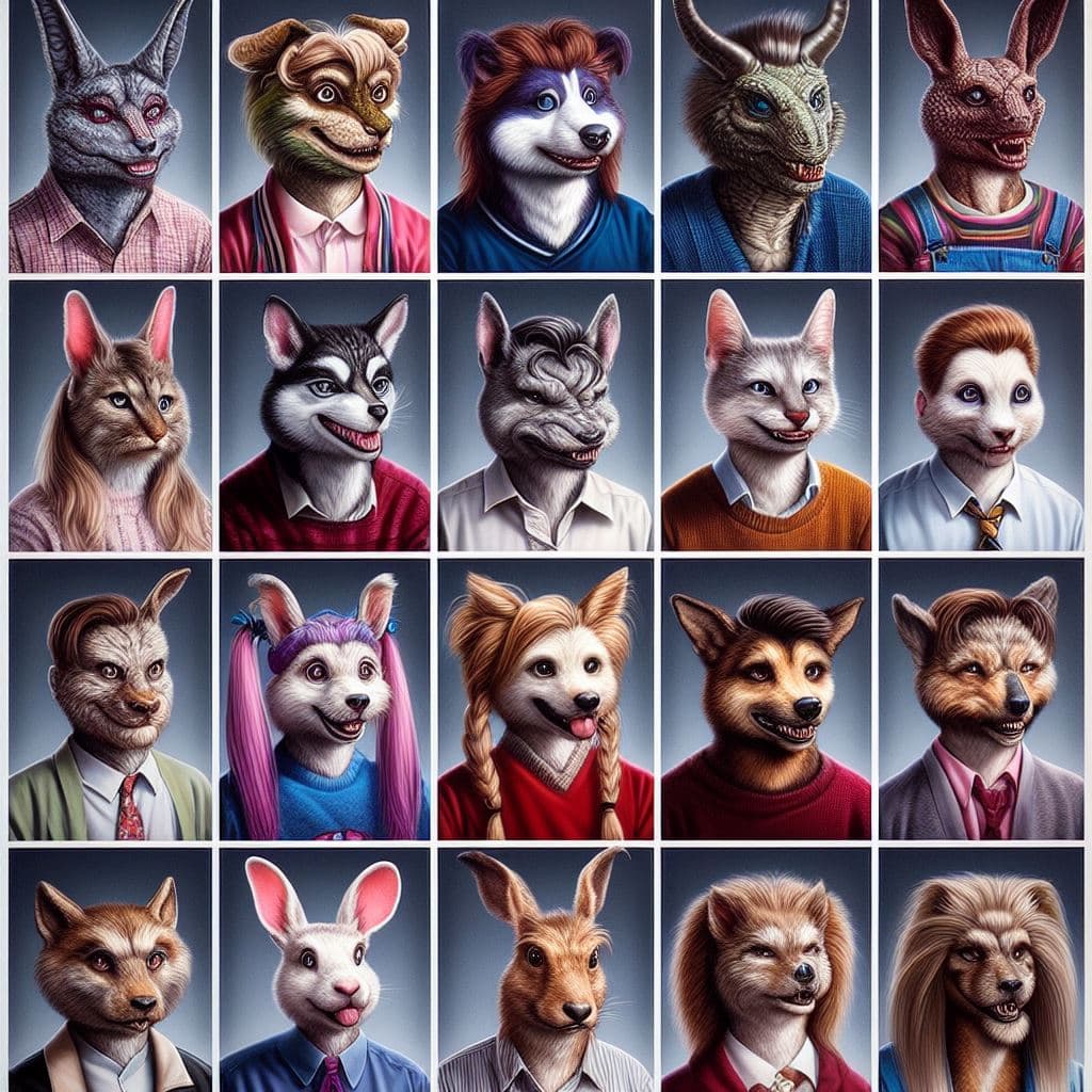 AI generated: "photorealistic 90s portrait on a yearbook page showing many Anthropomorphic students of varies spec...
