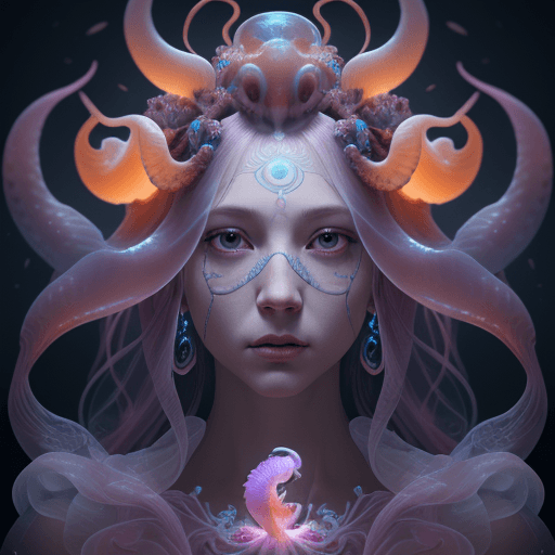 AI generated: Goddess close-up portrait ribcagel. jellyfish phoenix head, nautilus, orchid, skull, betta fish, bio...