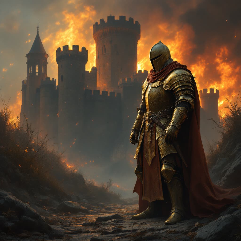 AI generated: "A medieval knight in golden armor" 
→ "A medieval knight in golden armor, standing in front of a bu...