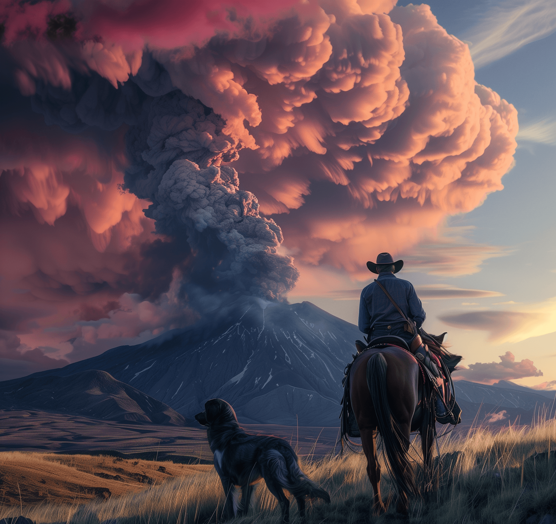 AI generated: A cowboy and his dog on horseback watching an erupting volcano in the style of Robert Pavon, a large...