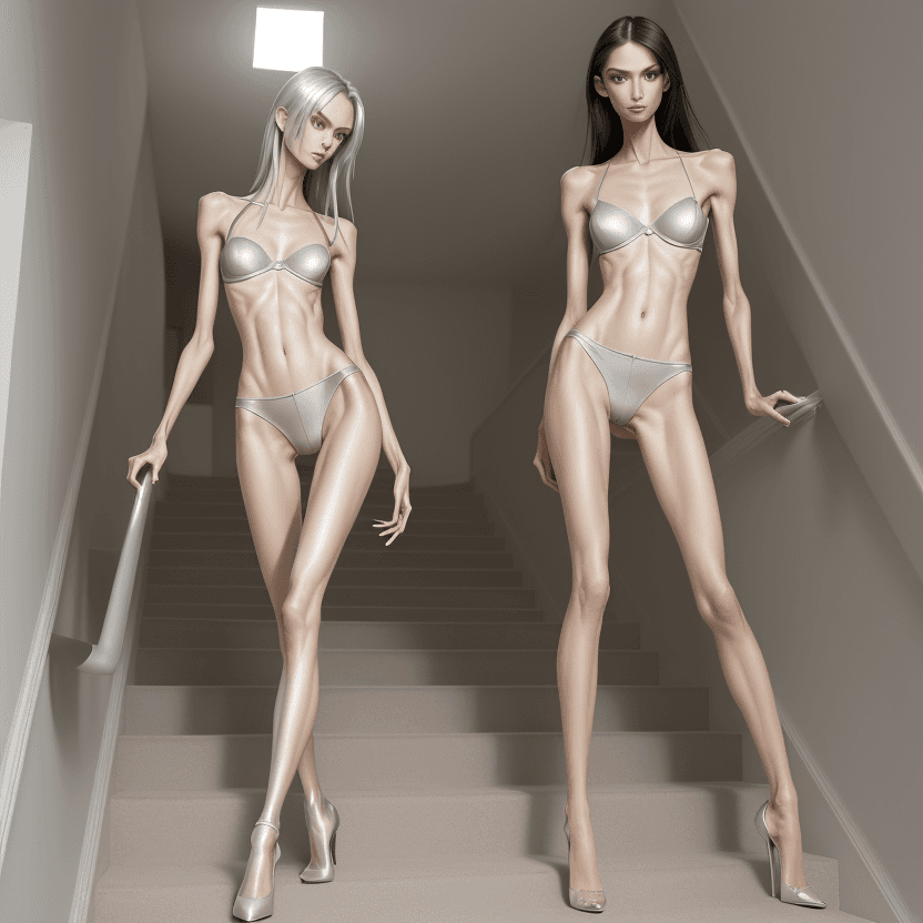 AI generated: photo of two an extremely skinny, flat-chested model with extreme long and skinny legs with extreme ...