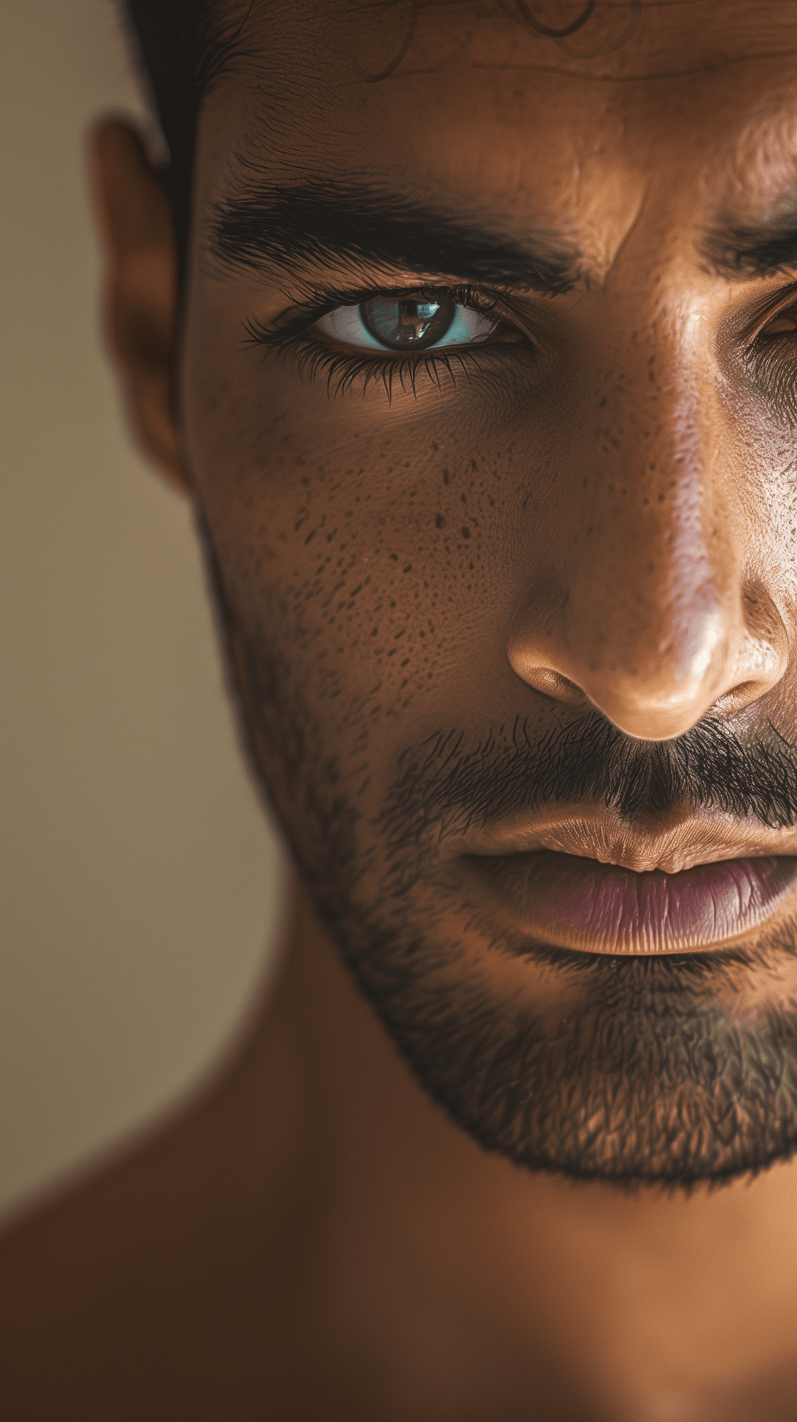 AI generated: photography, front shot, 32years arab man model, gaze, background is solid light brown, capturing a ...