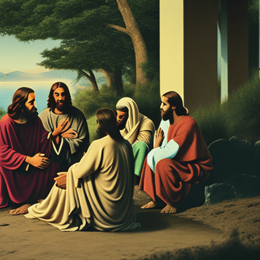 AI generated: Jesus sitting talking to people in a place with little vegetation