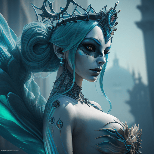 AI generated: Mermaid queen close-up, mask, crown, cyberpunk, futuristic, low angle, venice, intricate artwork . o...