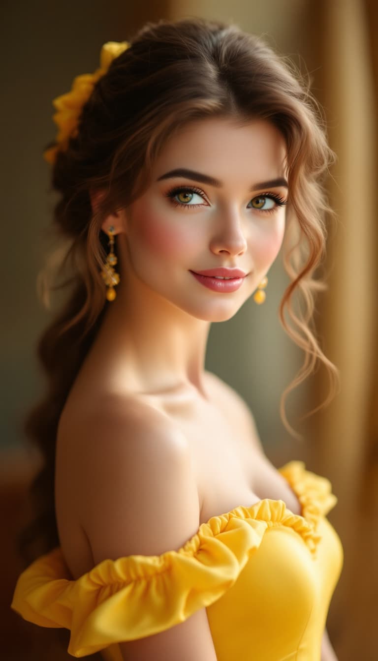 AI generated: Portrait of princess belle, yellow dress, Exquisite detail, 30-megapixel, 4k, 85-mm-lens, sharp-focu...