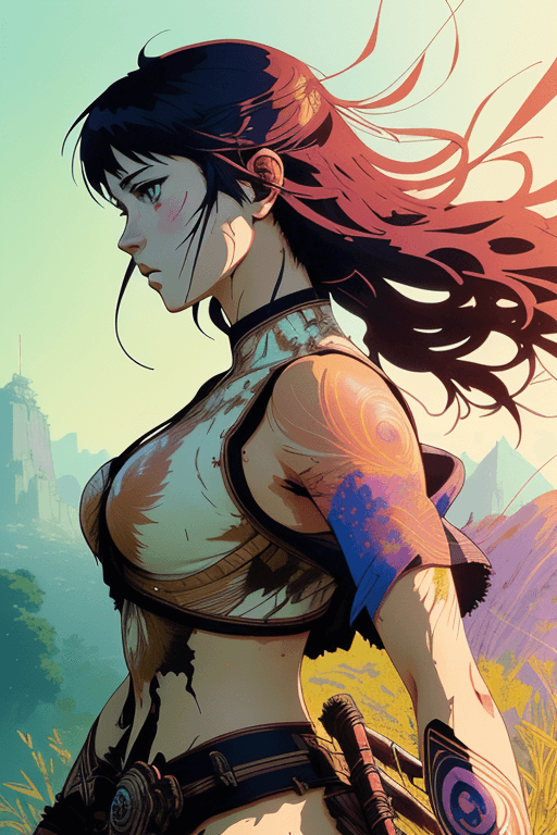 AI generated: poster of warrior goddess| standing alone on hill| centered| detailed gorgeous face| anime style| ke...