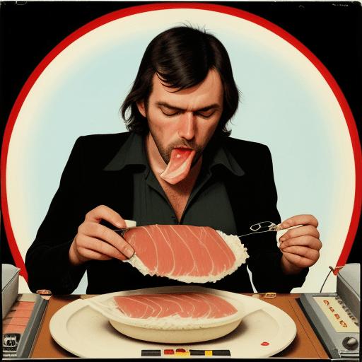 AI generated: In the style of a 1970's Yugoslavian record cover, a man eating a raw tuna fish