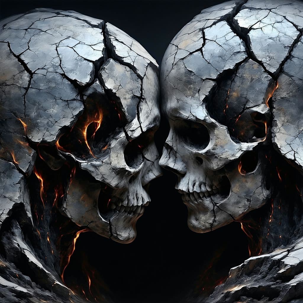 AI generated: A haunting monochrome portrait of Thanatos and Eros embracing, their face sculpted from cracked ston...
