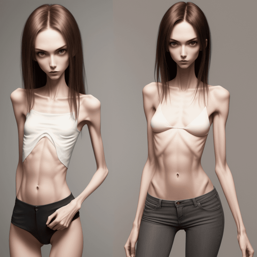 AI generated: extreme beautiful skinny slender (almost anorexic)  girl with skinny slender thighs narrow, without ...