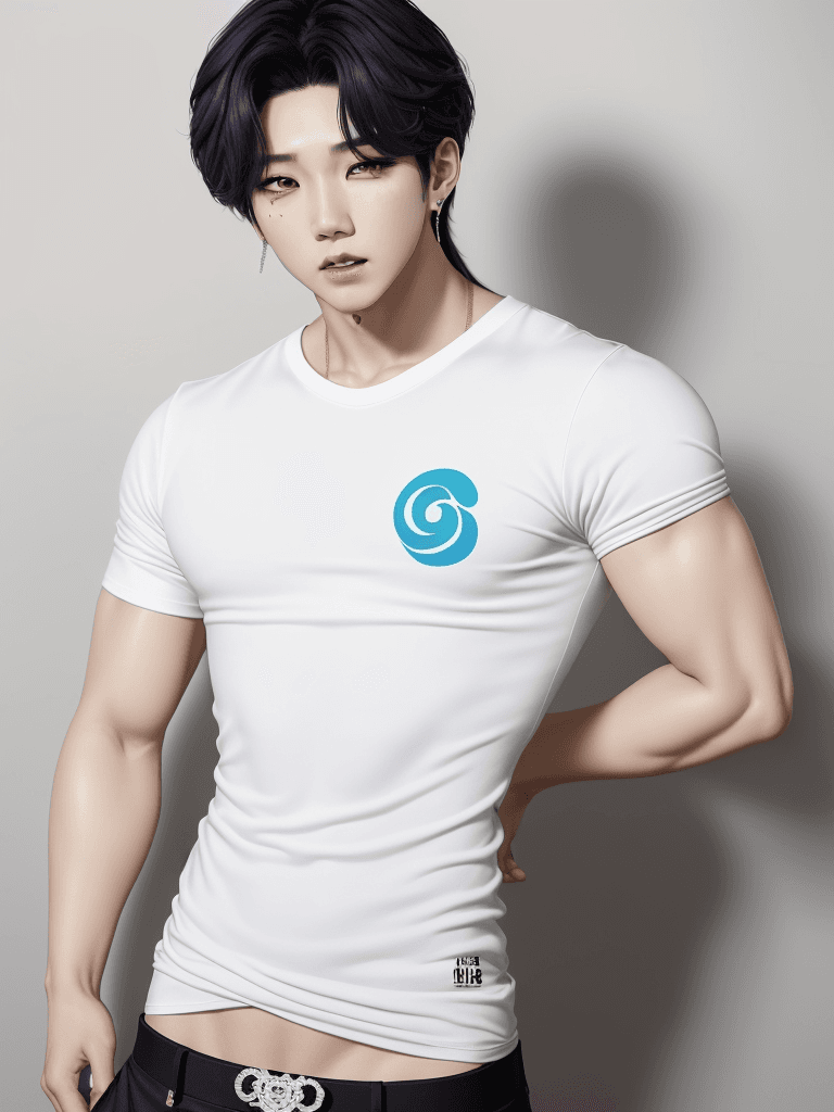 AI generated: ((cuerpo completo: 1.5)), ídolo kpop DE BTS, hermosO CHICO coreanO, camiseta blanca, hermosos ojos d...