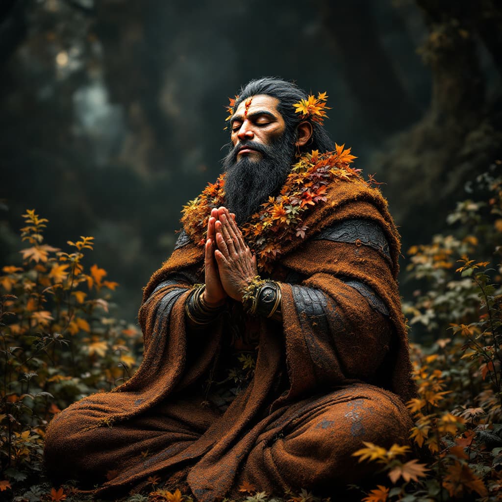 AI generated: full body Lord Hanuman with masculine face made out of autumnal foliage and plants, with eyes closed...