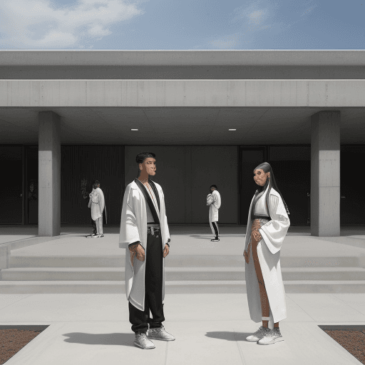 AI generated: Conceptual art of Western Latino high school students, in casual futuristic clothing with sleek line...