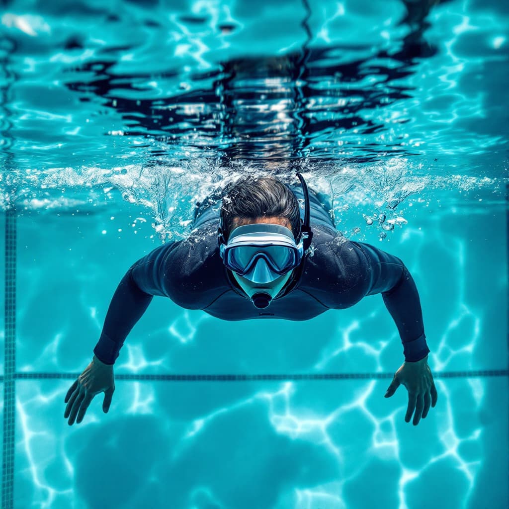 AI generated: Freediver in horizontal position in pool, mask, long fins and wetsuit, arms along the body, crystal ...