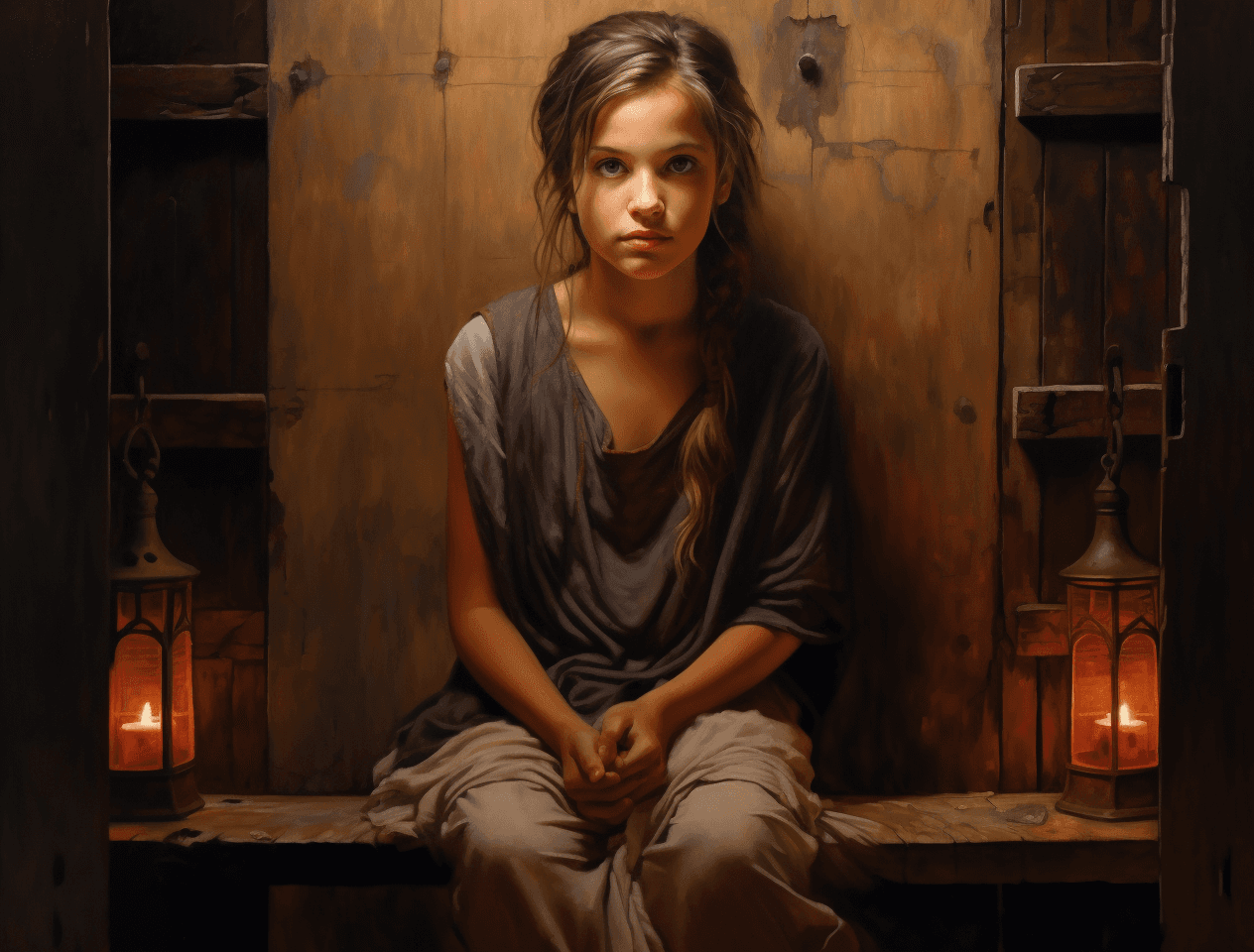 AI generated: painting of girl with candle sitting on old window frame, in the style of light bronze and crimson, ...