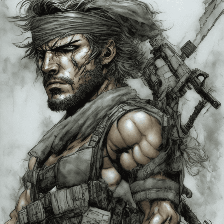 AI generated: A rugged muscular metal gear solid snake, bandana,  jim lee, boreis vallejo, luis royo
