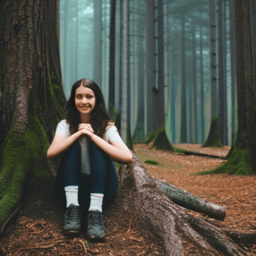 AI generated: young beautiful girl sitting in the woods, georgeous face details, cinematic lighting, very high det...