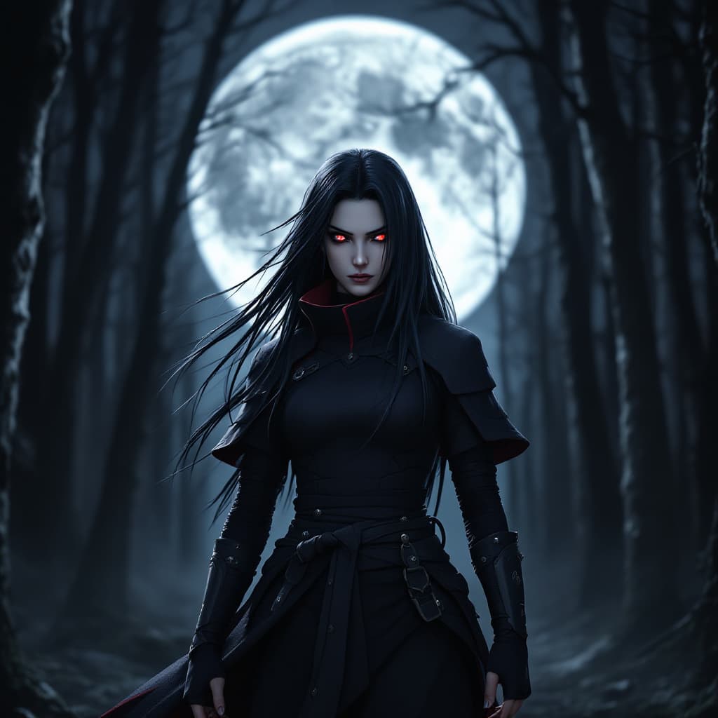 AI generated: Create a stunning photo-realistic image of female Madara Uchiha from 'Naruto.' She has long, black h...