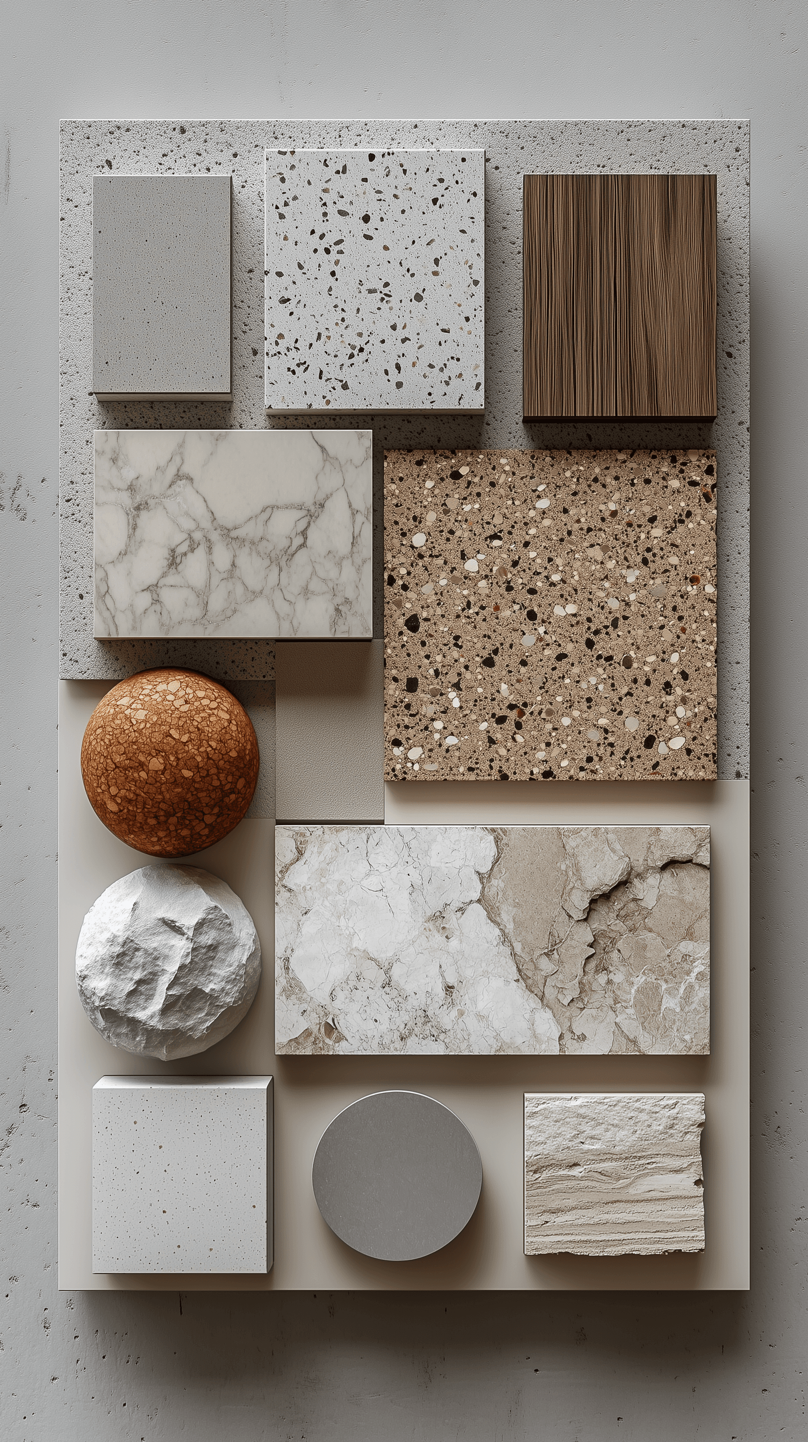 AI generated: detailed shot, photorealistic interior design mood board displaying 8 distinct and sophisticated fin...