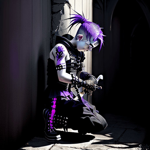 AI generated: a boy kneels down behind a wall holding a sword, in the style of cybergoth, purple threads, midwest ...