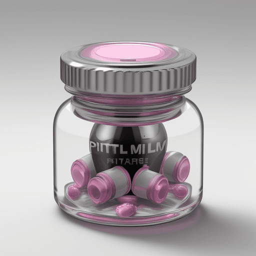 AI generated: ultra-realistic bottle full to the top of pink pills, a white and silver label in the center of the ...