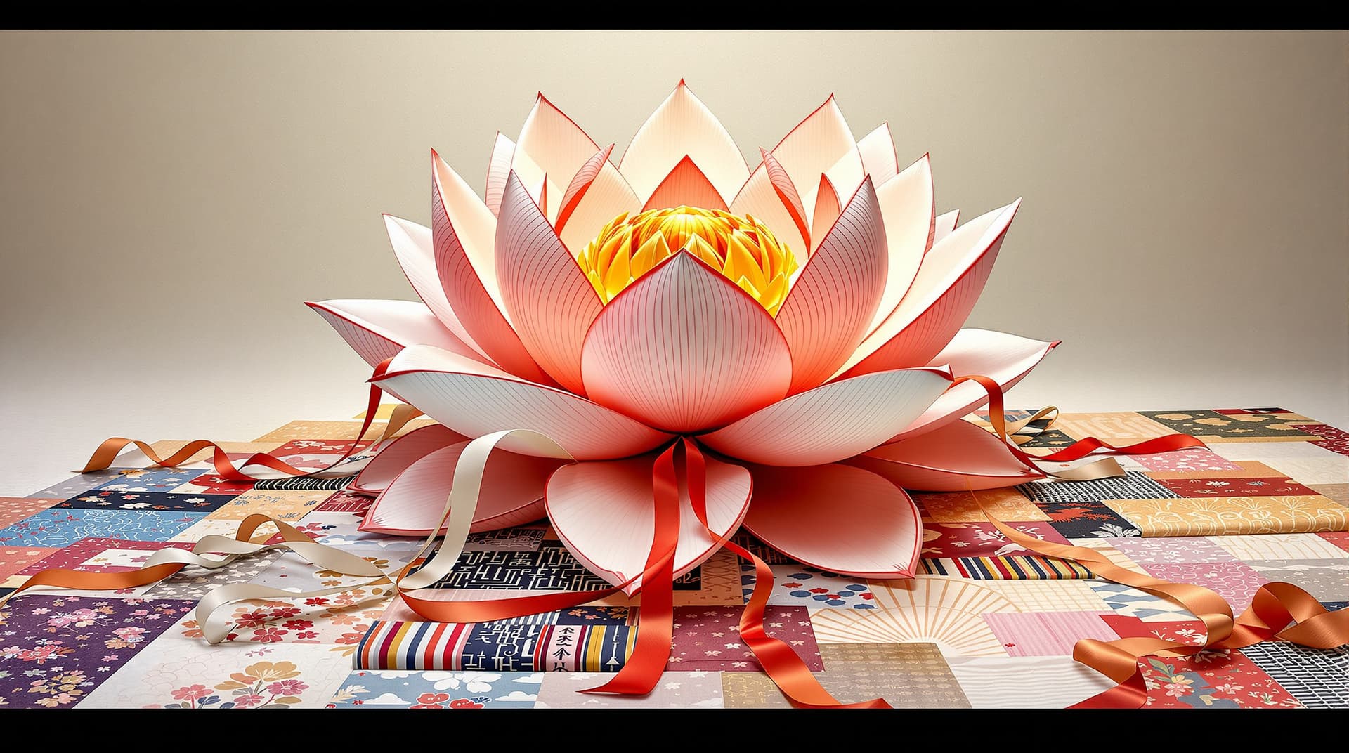AI generated:  A hyper-realistic scene featuring a lotus-shaped sculpture crafted from glossy satin silk, with lon...