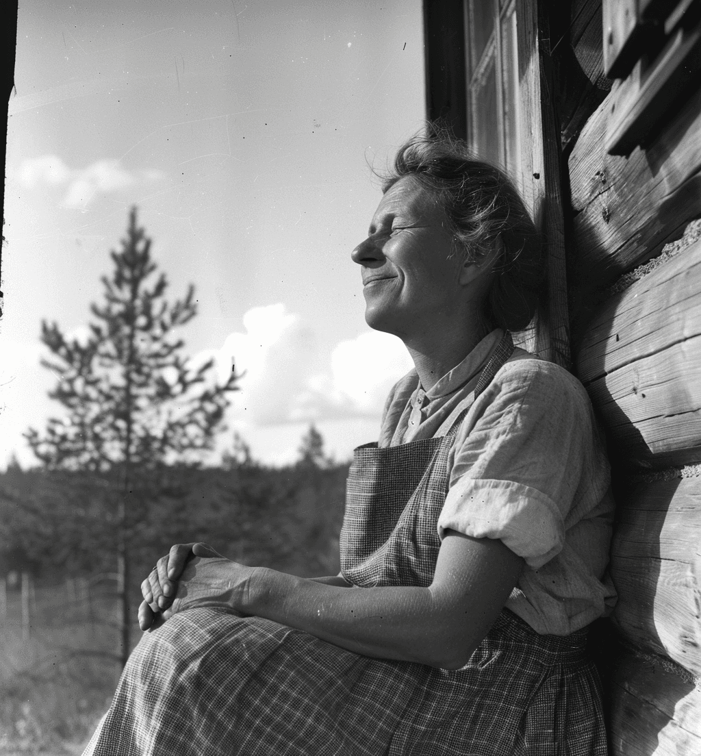 AI generated: A black and white photograph of a Scandinavian woman sitting on the porch, leaning against one side ...