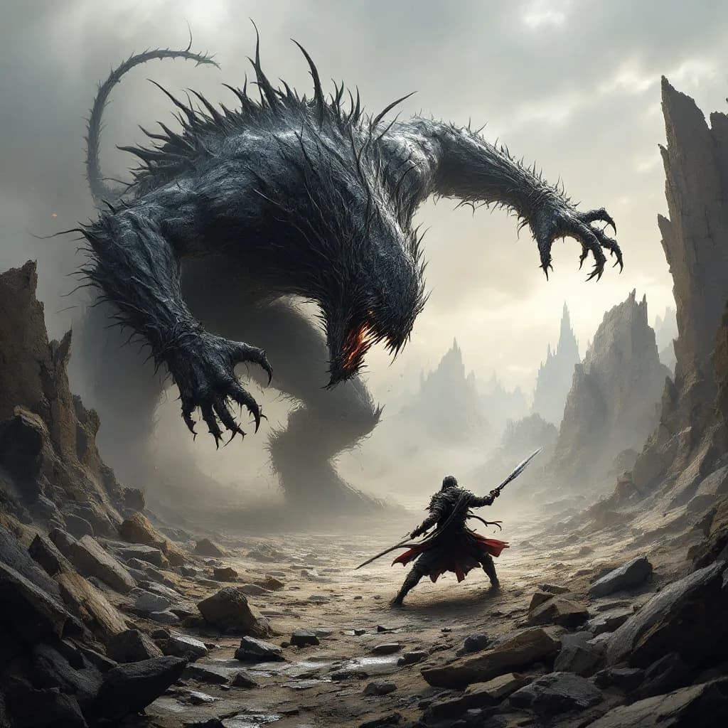 AI generated: This image depicts a dramatic battle between a lone warrior and a monster amidst a shattered, desola...