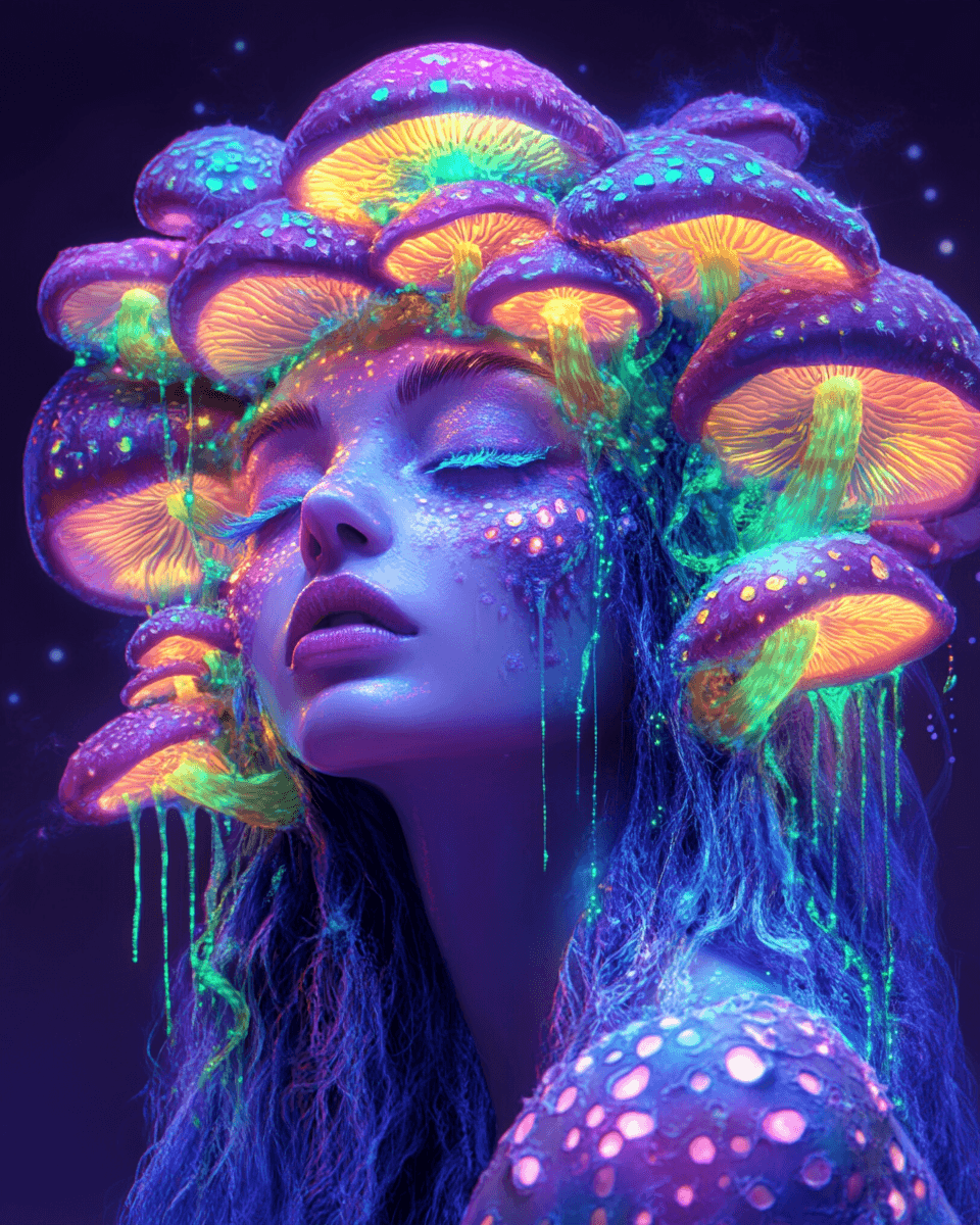 AI generated: a portrait of an alien woman with hair made out of mushrooms, purple background, neon green and blue...