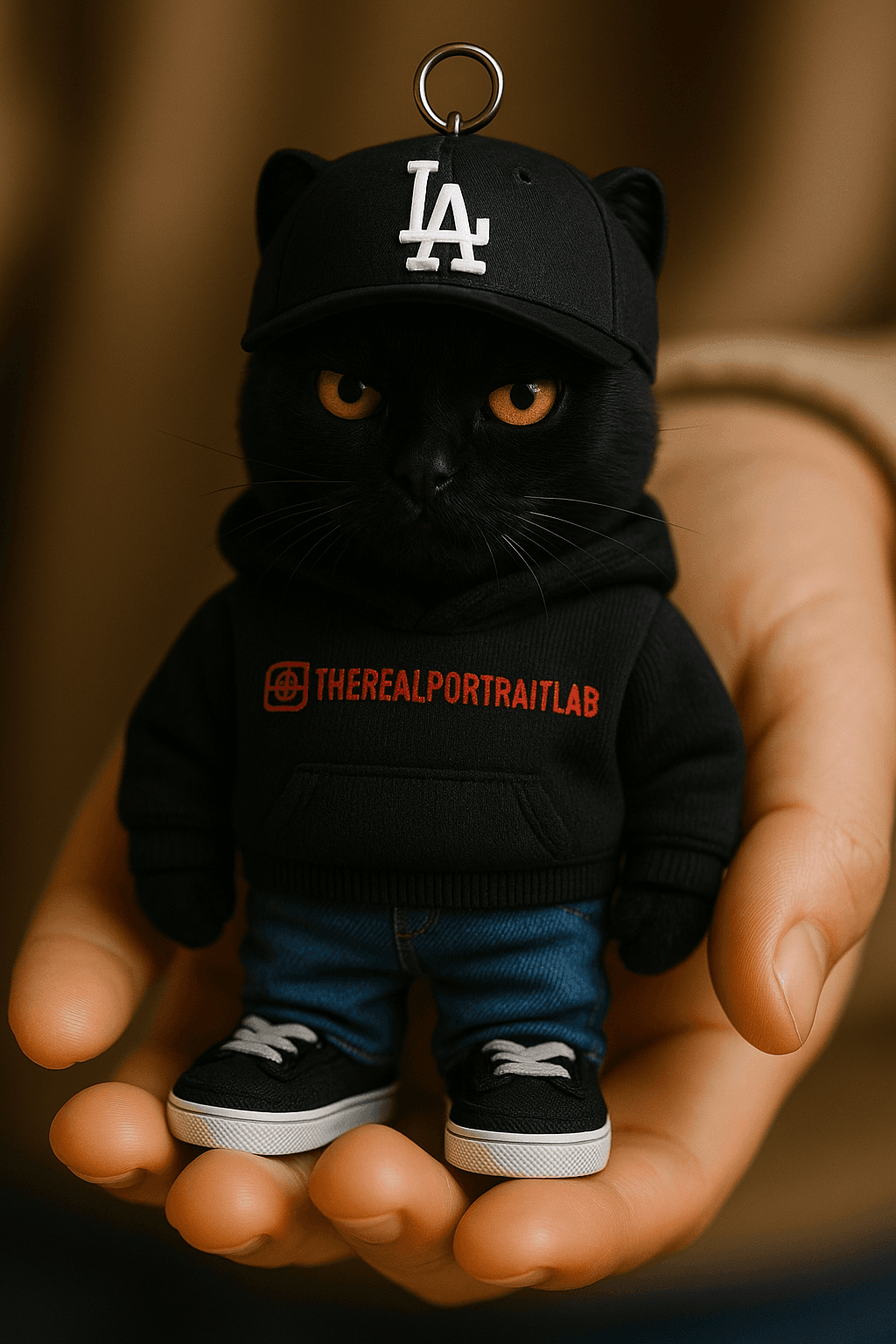 AI generated: {
  "subject": {
    "type": "stylized keychain figure",
    "species": "black cat",
    "expres...