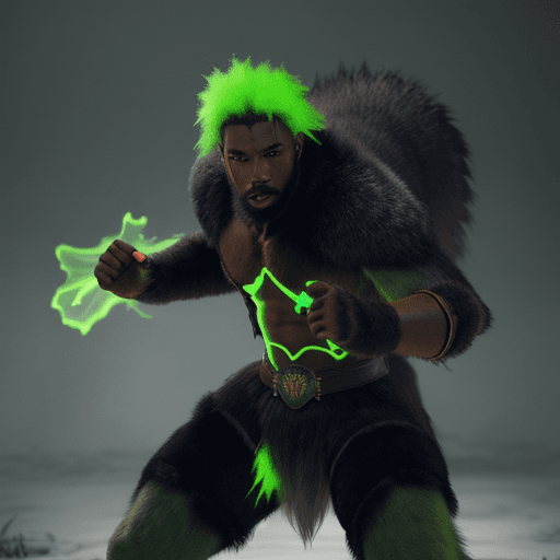 AI generated: black male soldiers wearing wolf pelt fight with green glowing magic, hyper-realism, high detail, oc...