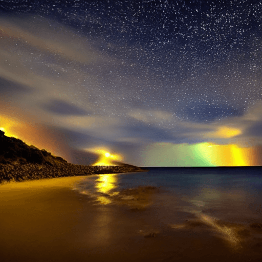 AI generated: hermoso paisaje, tormenta de mar, noche estrellada, máximo detalle, reflejos trazados con rayos --ar...