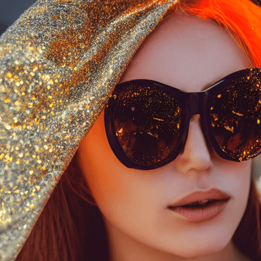 AI generated: close up portrait of woman with orange sunglasses, glitter on her face, sun rays, glowy skin, hyper ...