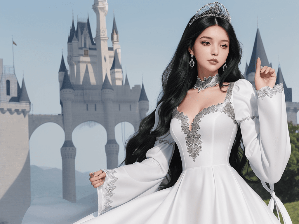 AI generated: a woman in a white dress standing in front of a castle. The woman has long, wavy black hair and is w...