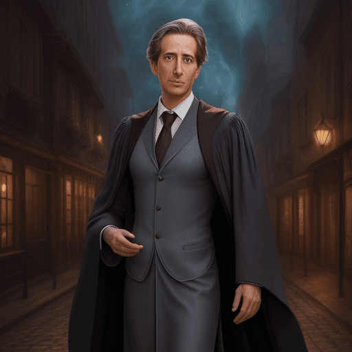 AI generated: photorealistic lawyer in a magical city. his robes are thread bare. 