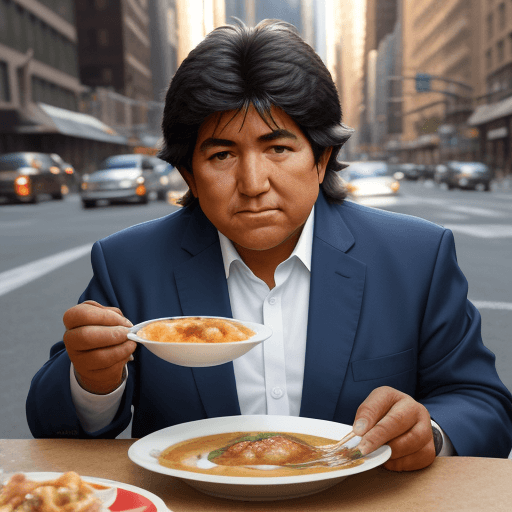 AI generated: evo morales imagen realisata 4k comiendo una sopita de mani en las calles de New york mirando de fre...