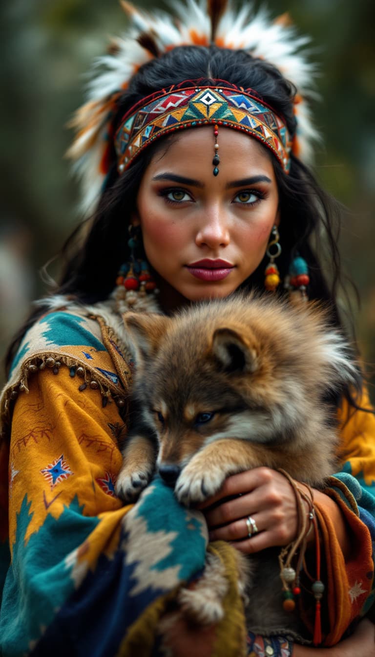 AI generated: an American Indian woman, with very
colorful and beautiful wild 4k clothes.
holding in her arms a ba...