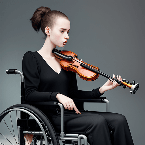 AI generated: young woman, playing clarinet, wheelchair, balenciaga, self potrait