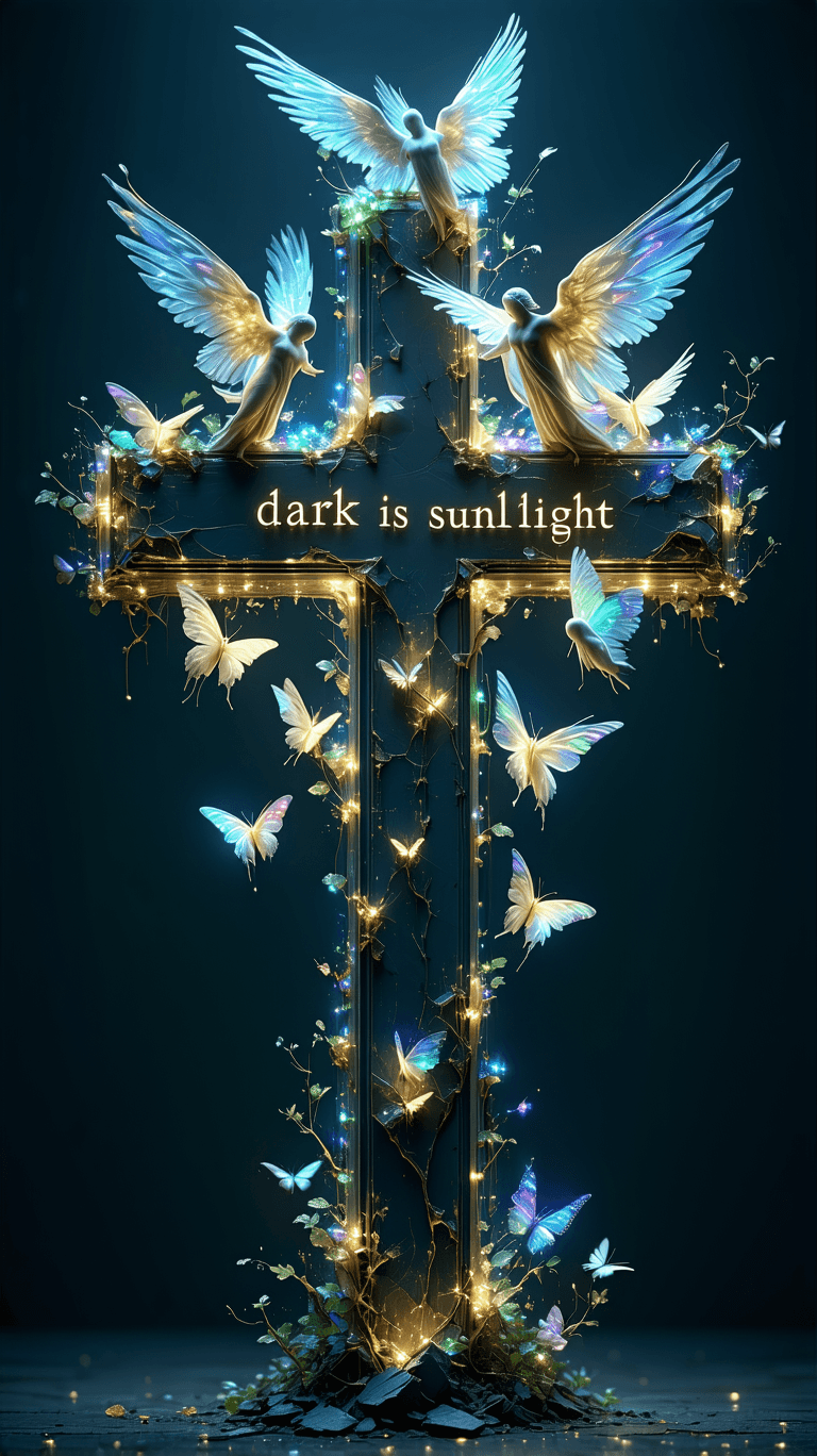 AI generated: Ultrarealistic 3D sign of a cross, intricately designed with a glowing, translucent surface, filled ...