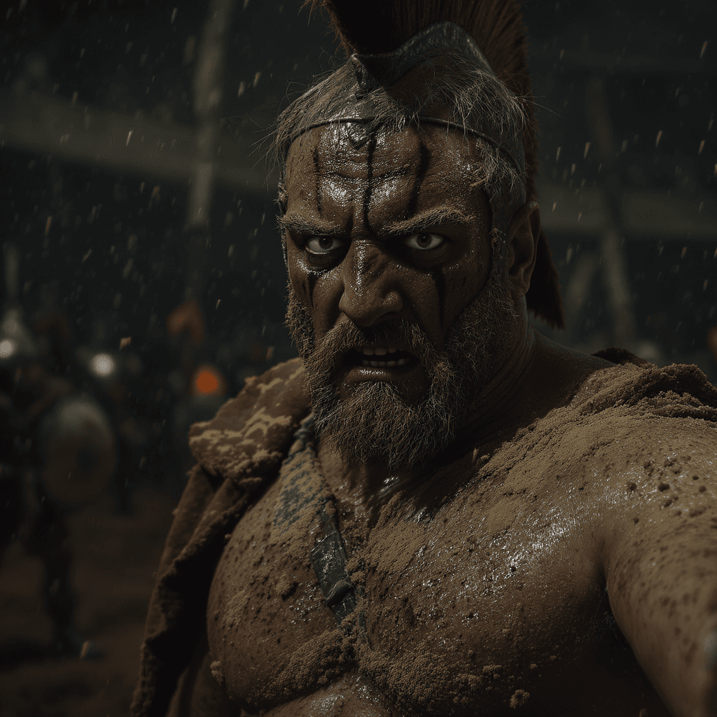 AI generated: The gladiator stands after the battle, fear and horror on his face, tired and beaten, sand on his fa...