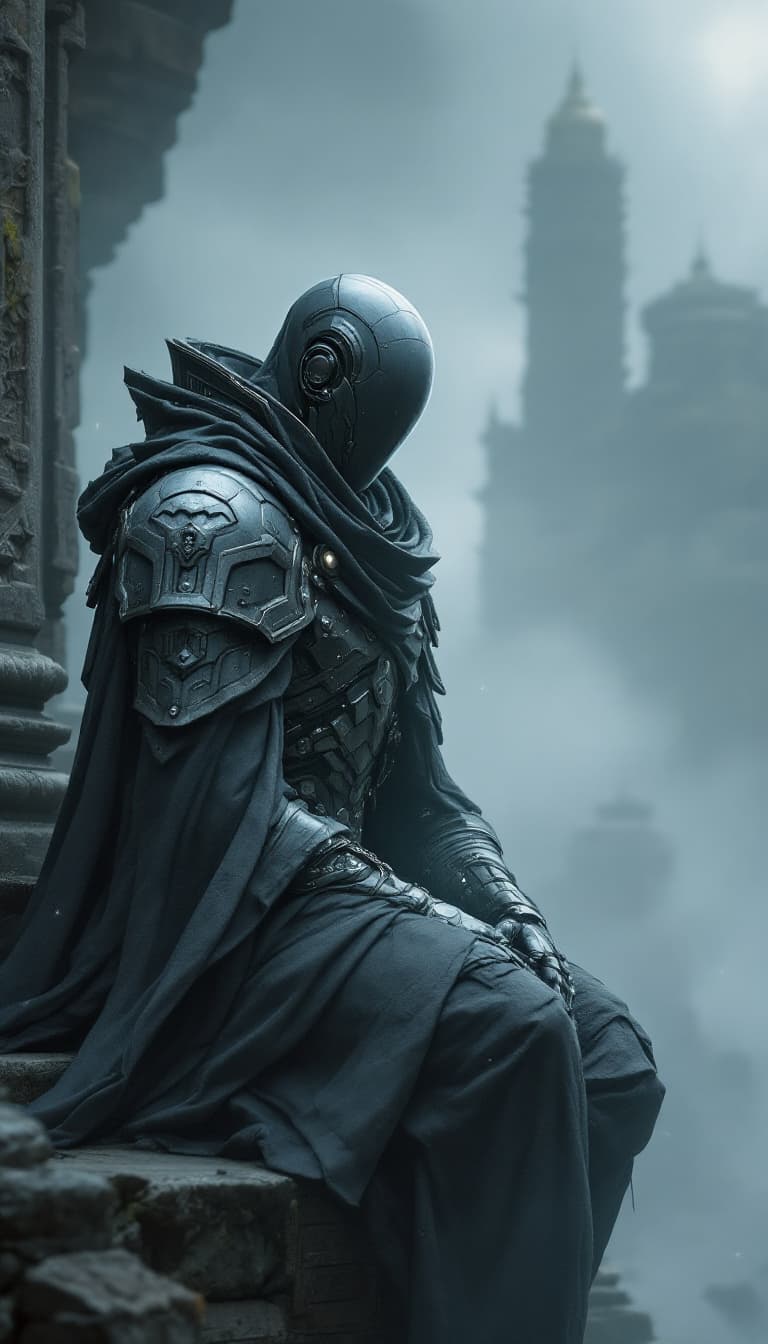 AI generated: An epic digital wallpaper of a silent cyborg monk in layered grey armor, secluded, no face, complex ...