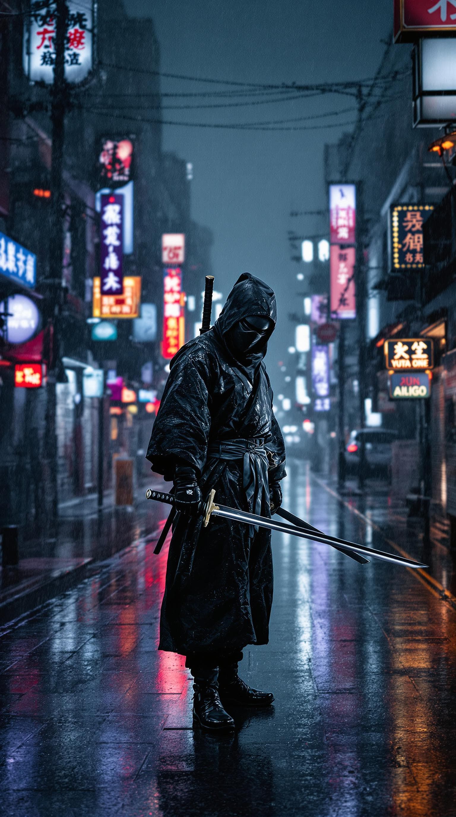 AI generated: Japanese ninja with a katana Posing In dark rainy Dystopian city in the rain, on an empty street. Ne...