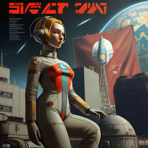 AI generated: USSR First in Space magazine cover photo, ultra modern space girl of the future from USSR, USSR flag...