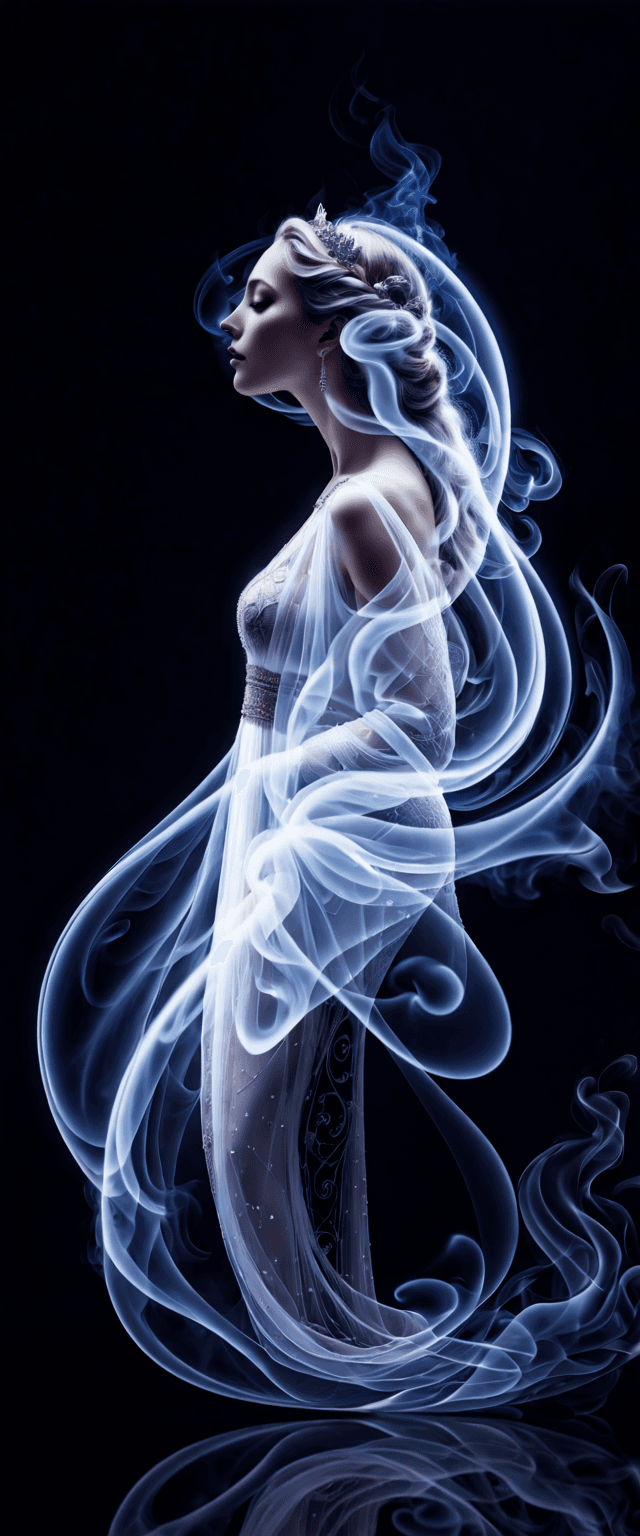 AI generated: The image features a smoke-like representation of a beautiful goddess, which appears to be a white a...